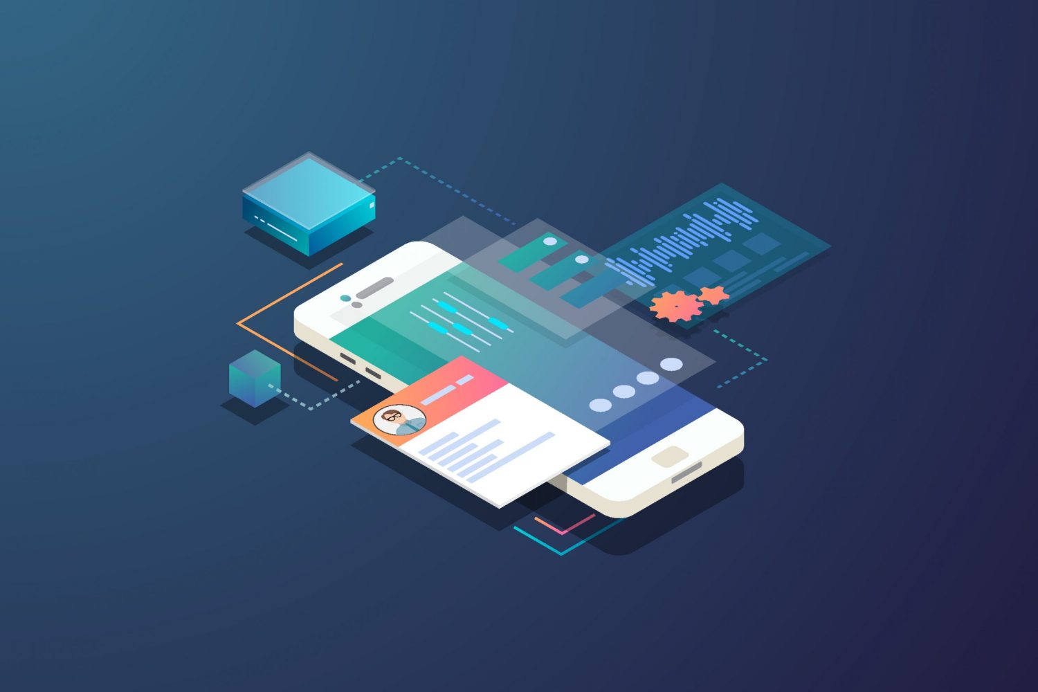 Mobile development concept. Isometric mobile phone with futuristic UI and layers of applications. App on mobile phone. Innovation in UI and software development.